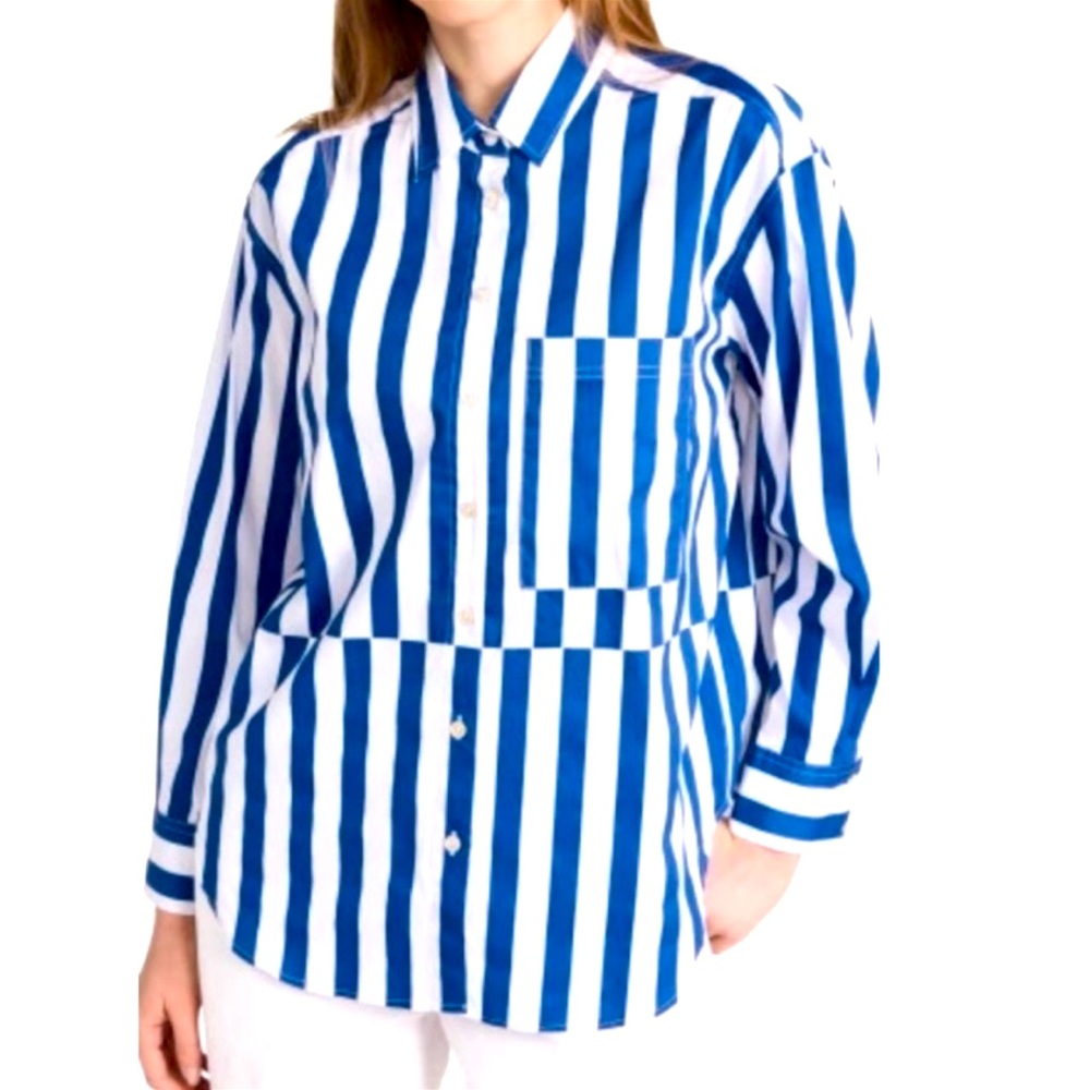 AYR Bright Cobalt Blue Asymmetrical Striped Button Front Chr Pocket Shirt size S